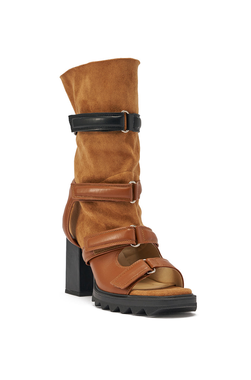 AZALEA WANG THIERRY TAN FAUX SUEDE OPEN TOE CHUNKY BOOTIE