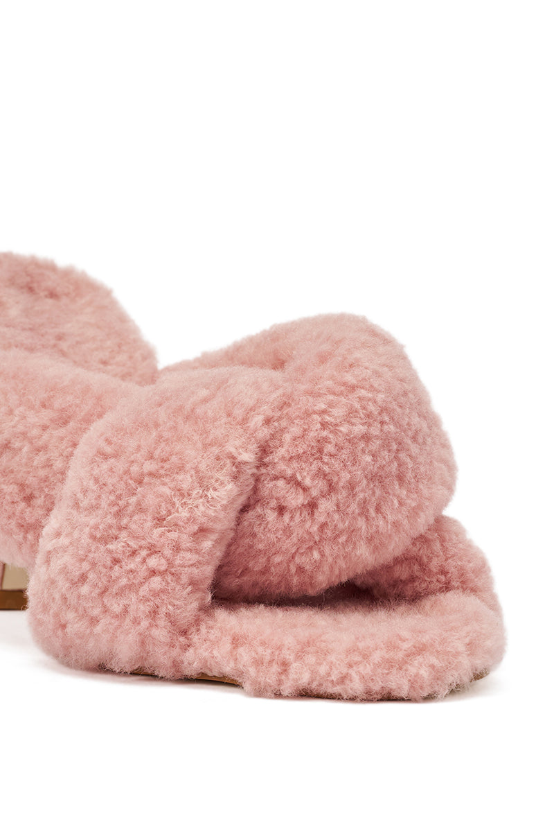 AZALEA WANG PINK VALE IVORY SHERPA LOW HEEL MULE SANDAL