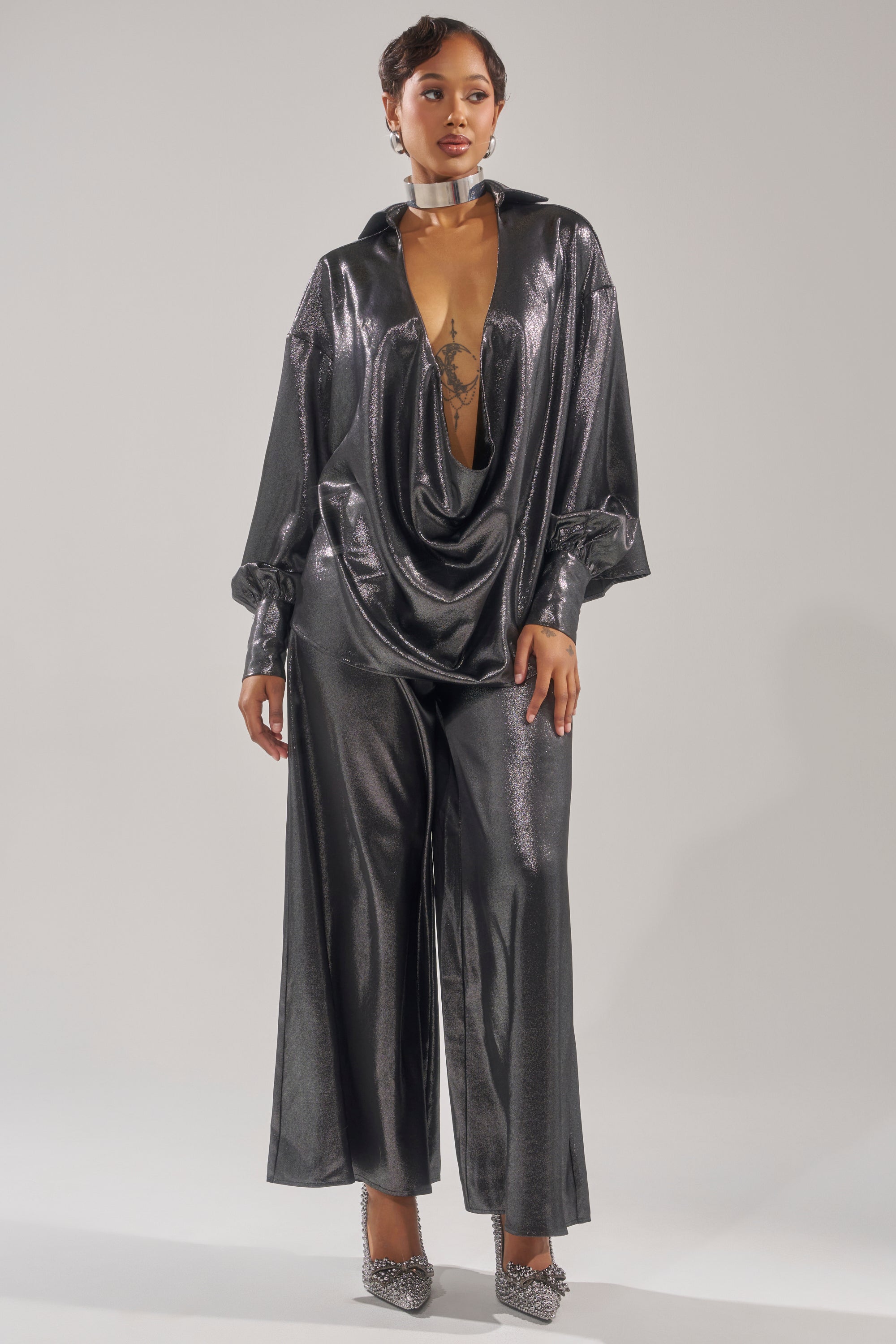 MELINIA METALLIC DRAPE BLOUSE