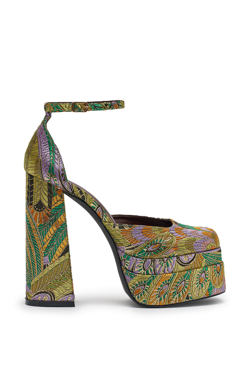 AZALEA WANG ZIPPHORA GREEN MULTI BROCADE PLATFORM PUMP